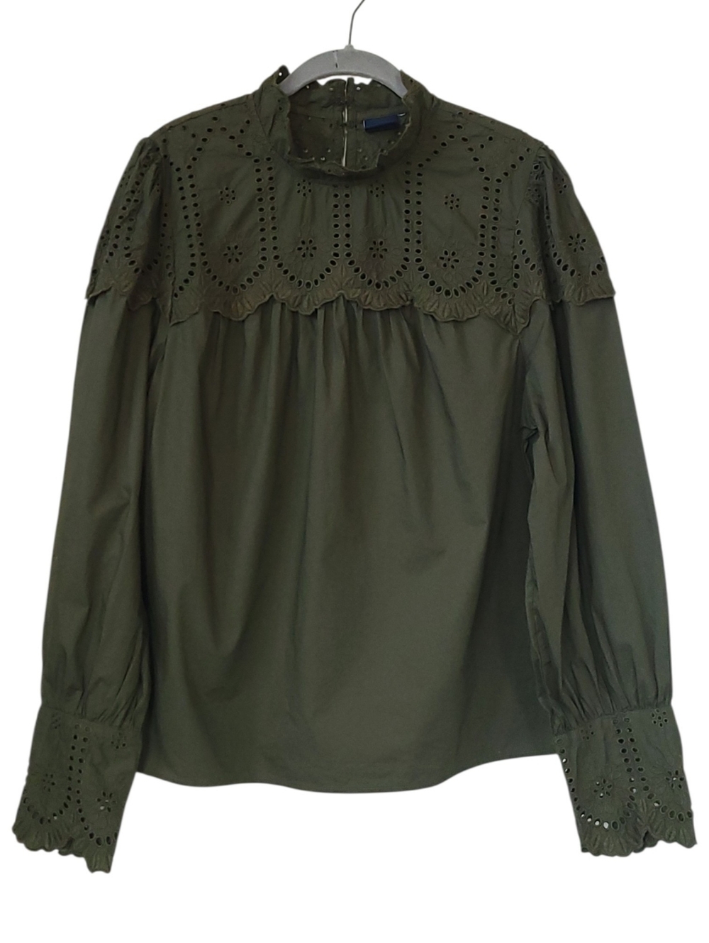 Gap Eyelet Mock Neck Blouse Large Olive Green Embroidered Cotton‎ Boho Top